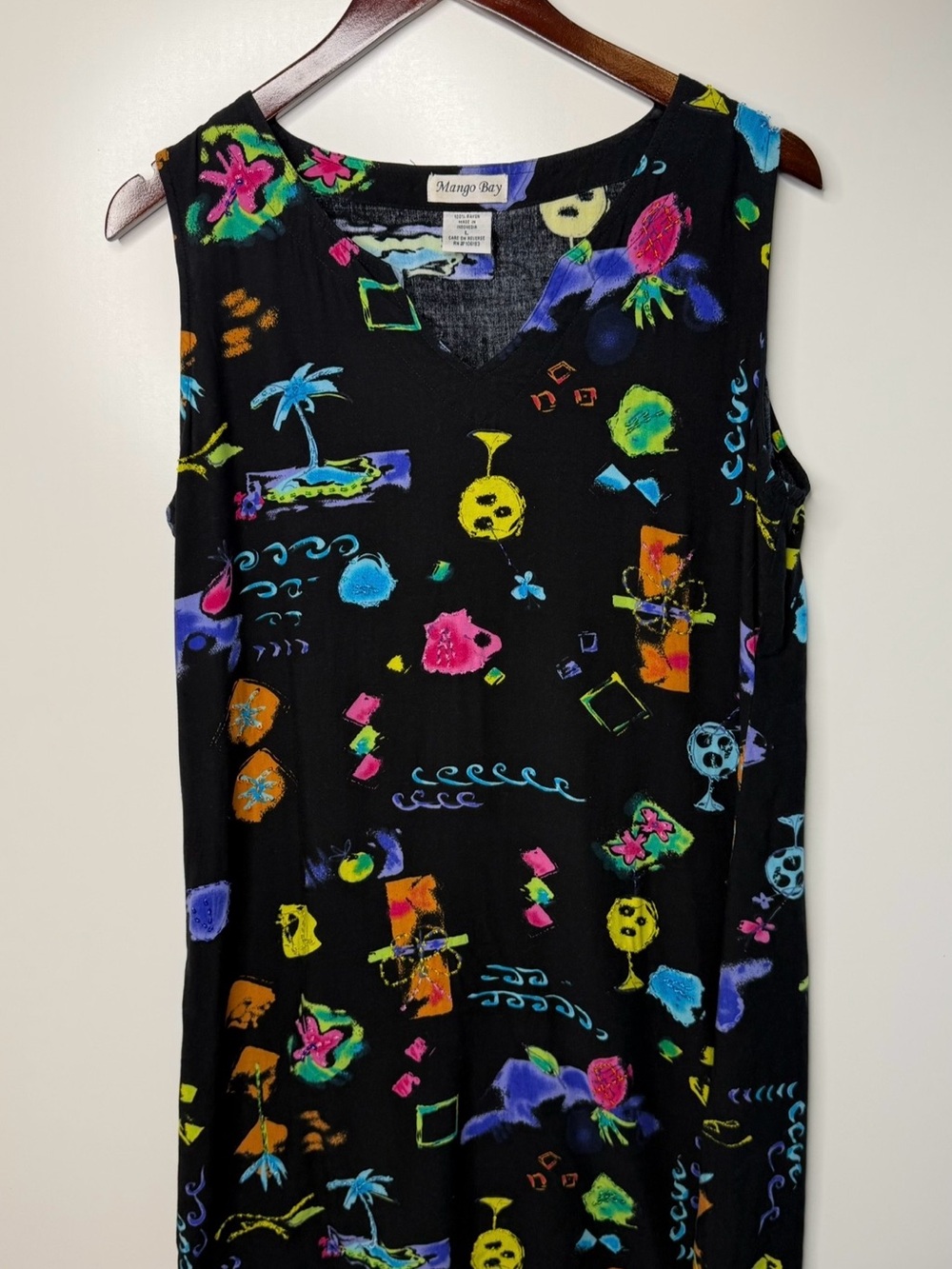 Mango Bay Tropical Neon Print Beaded V‑Neck Sleeveless, Beach Vacation, Large
